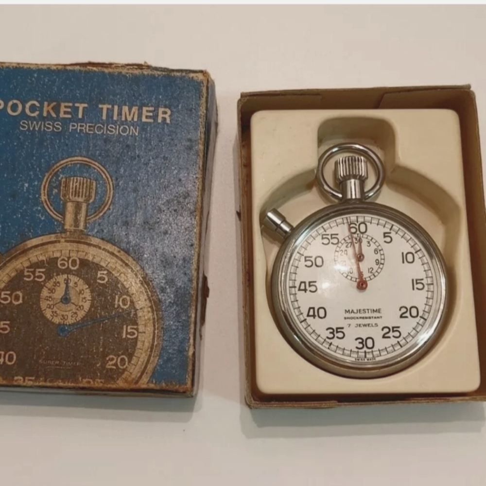 Vntg Majestime Pocket Timer With Box 7 Jewels Running Swiss Precision Stopwatch.